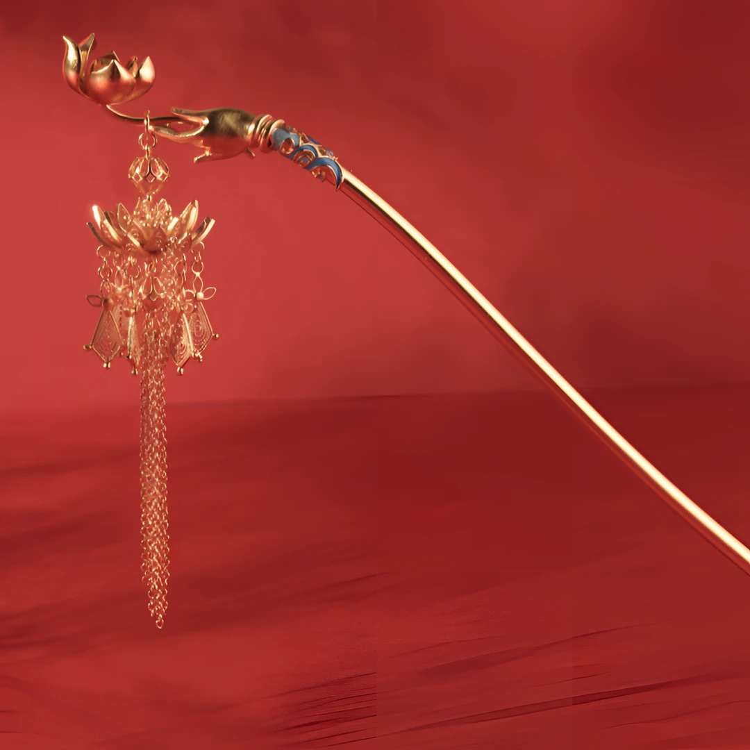 乐麒 925银银制品 〈佛手莲花〉银鎏金手工花丝景泰蓝中式发簪国风