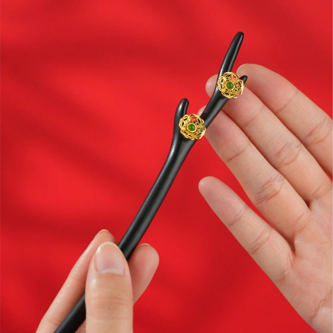 乐麒 925银木质银制品 〈龙角发簪〉 S925银鎏金黑檀木花丝头簪国风