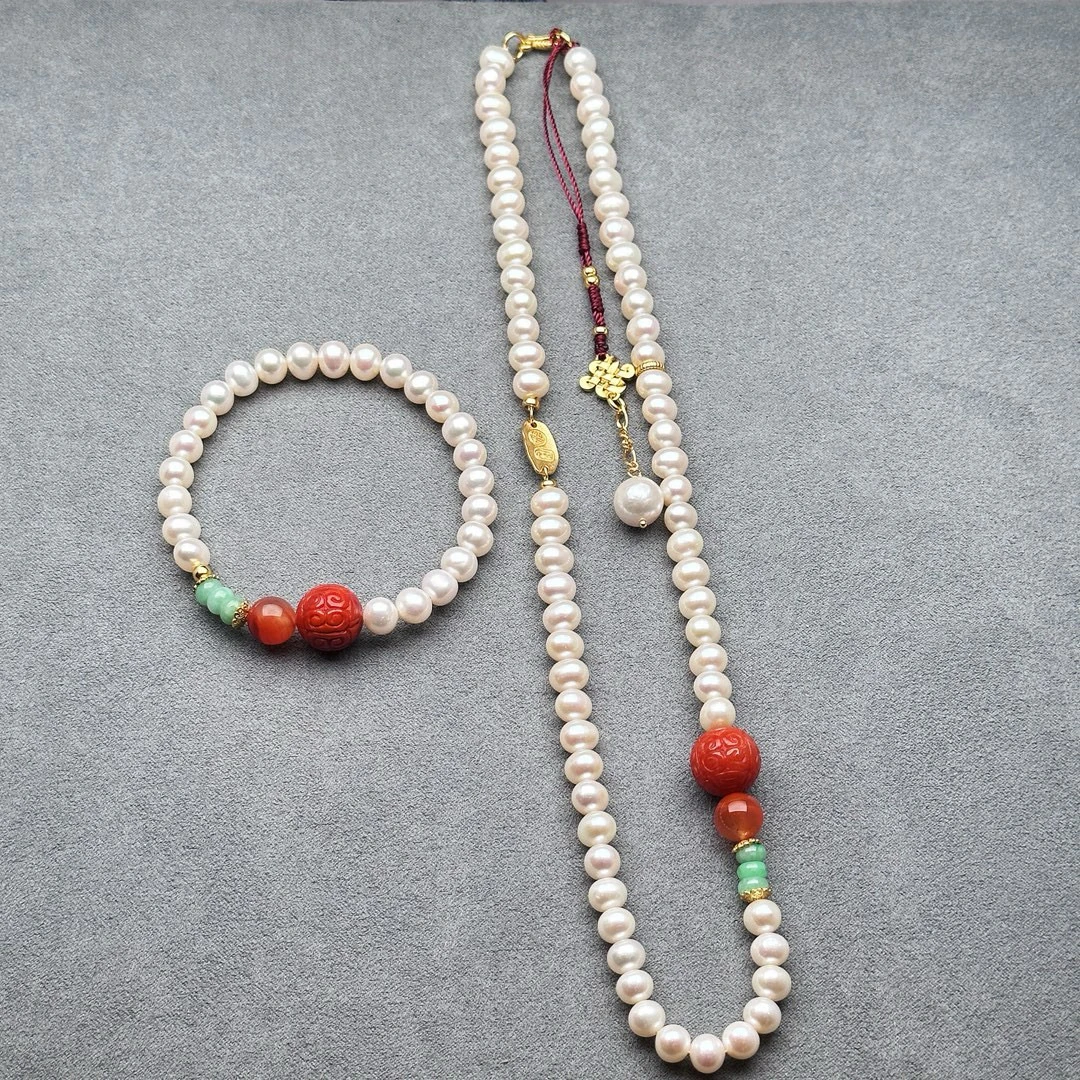 乐麒〈红珠珞〉天然珍珠强光九口料南红回纹珠多宝项链毛衣链手链