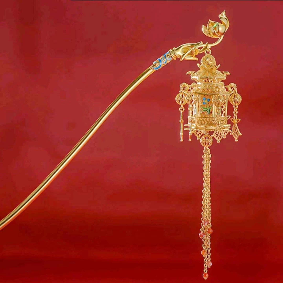 乐麒〈佛手宫灯〉S925银鎏金南红流苏发簪古风非遗纯手工宫灯发钗