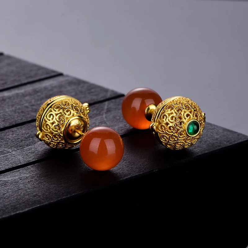 乐麒〈花丝香囊〉S925银鎏金南红香囊耳饰冰红南红耳钉