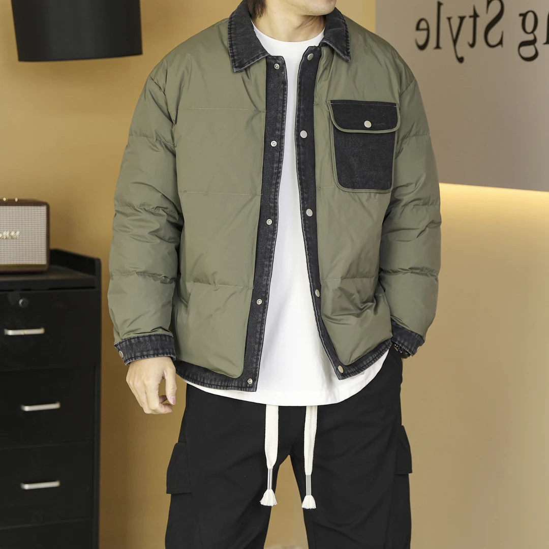 冬季男士时尚高端新款假两件牛仔拼接设计感翻领90绒羽绒服外套