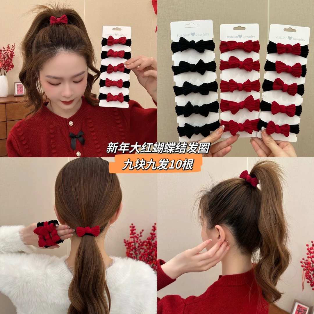 新年高品质蝴蝶结红色发绳秋冬加粗加厚高弹力发圈扎头绳百搭