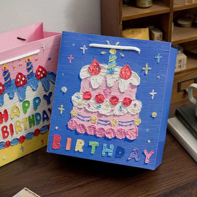 礼品袋 生日快乐!高级感精美手绘油画蛋糕礼物送男女友手提袋子