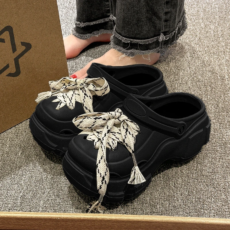 洞洞鞋女夏季厚底增高防滑2023新款网红黑色鞋子时尚绑带凉鞋女款