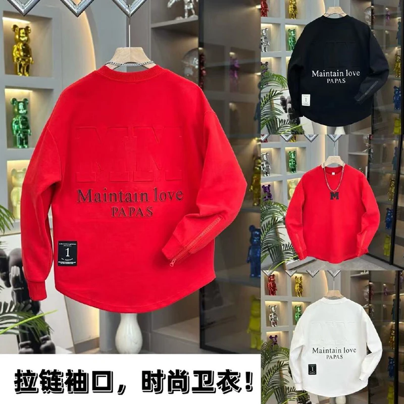 燕尾卫衣男2024秋冬新款潮牌字母钢印圆领宽松个性拉链帅气上衣潮