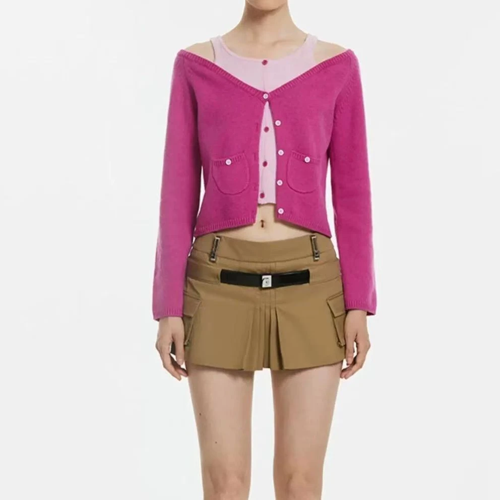 CALVINLUO V领露肩假两件撞色开衫