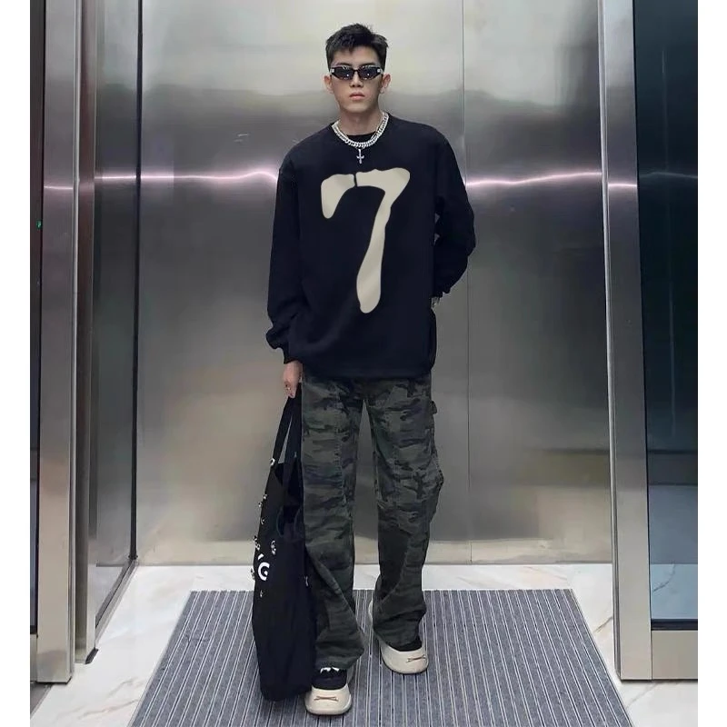 欧美式高街重磅简约长袖T恤男秋季ins潮牌宽松百搭情侣打底衫上衣