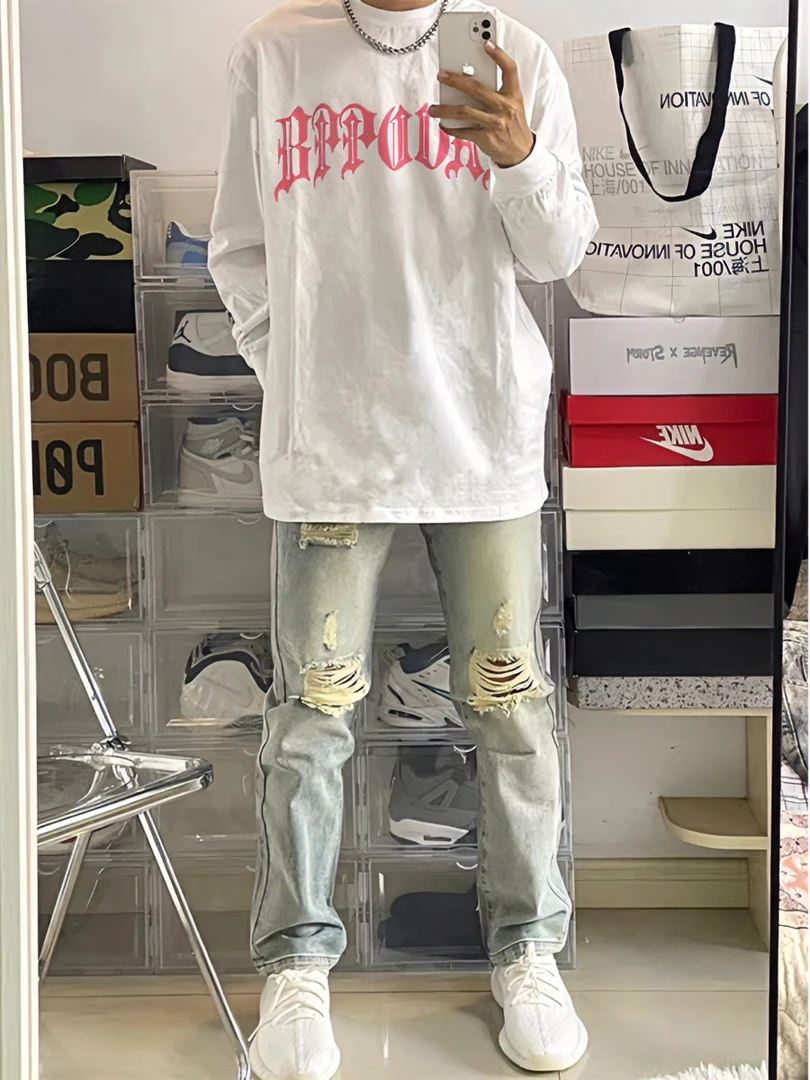 美式设计感字母印花重磅百搭长袖T恤男ins国潮牌高街宽松打底上衣