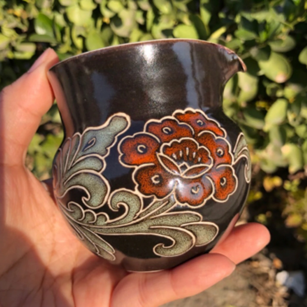 磁州窑（微瑕）纯手工黑釉彩釉牡丹公道杯分茶器茶杯