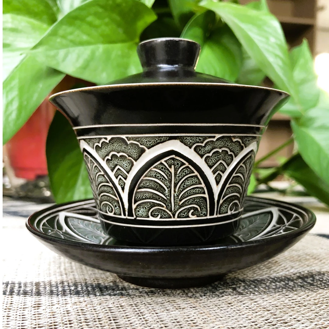 磁州窑全手工黑剔花蕉叶纹三才盖碗茶器茶具
