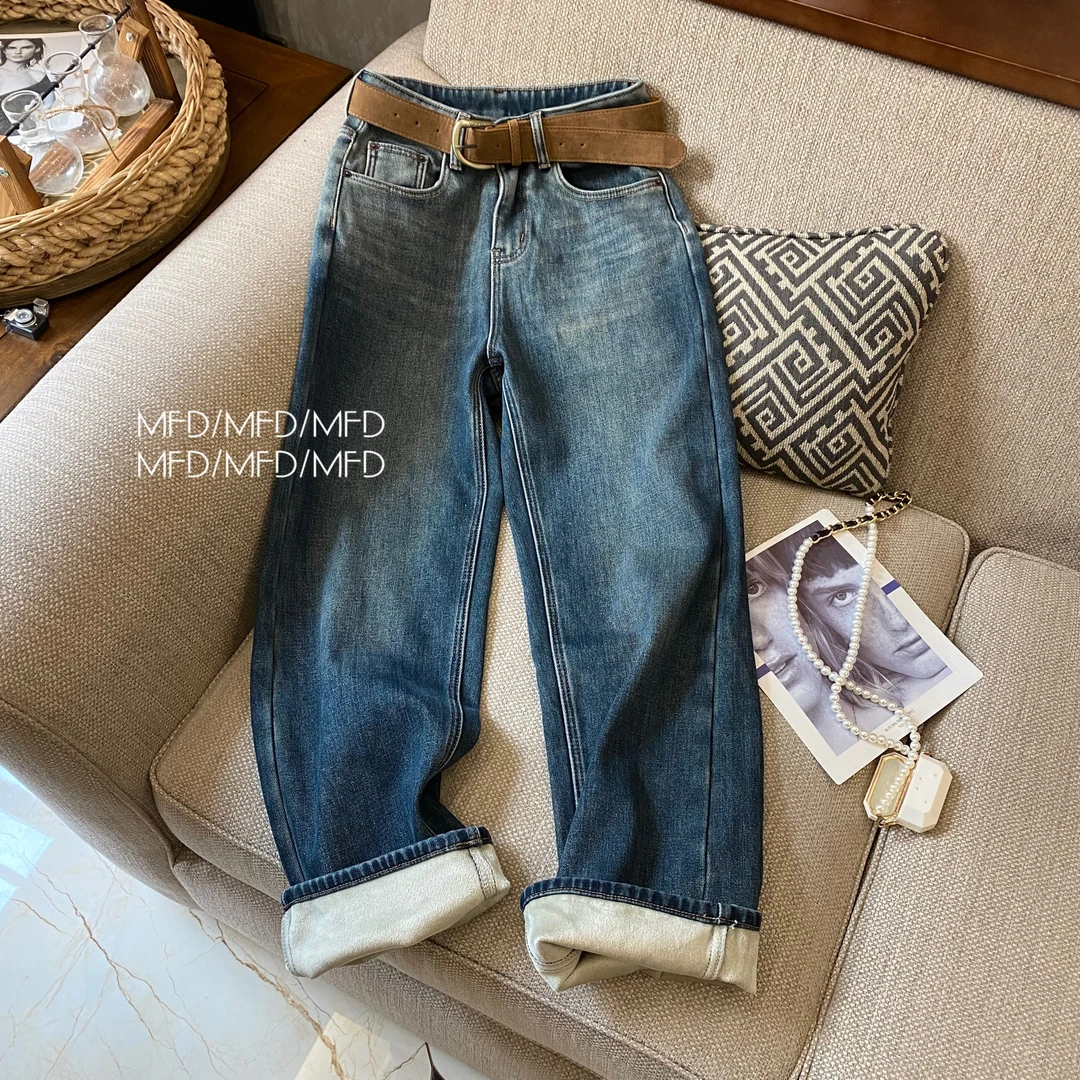 【魔法袋】渐变蓝窄版直筒拖地裤女冬季加绒新款洗水洋气百搭牛仔裤