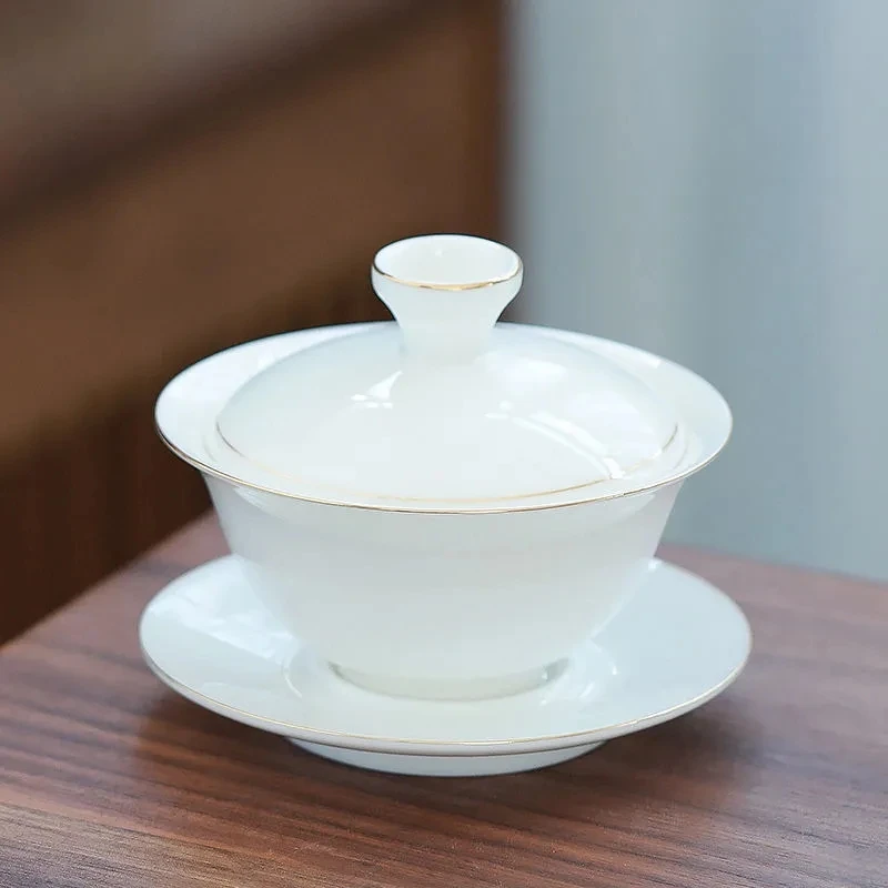 德化羊脂白玉白瓷单个描金盖碗茶杯陶瓷大号泡茶器家用三才茶碗