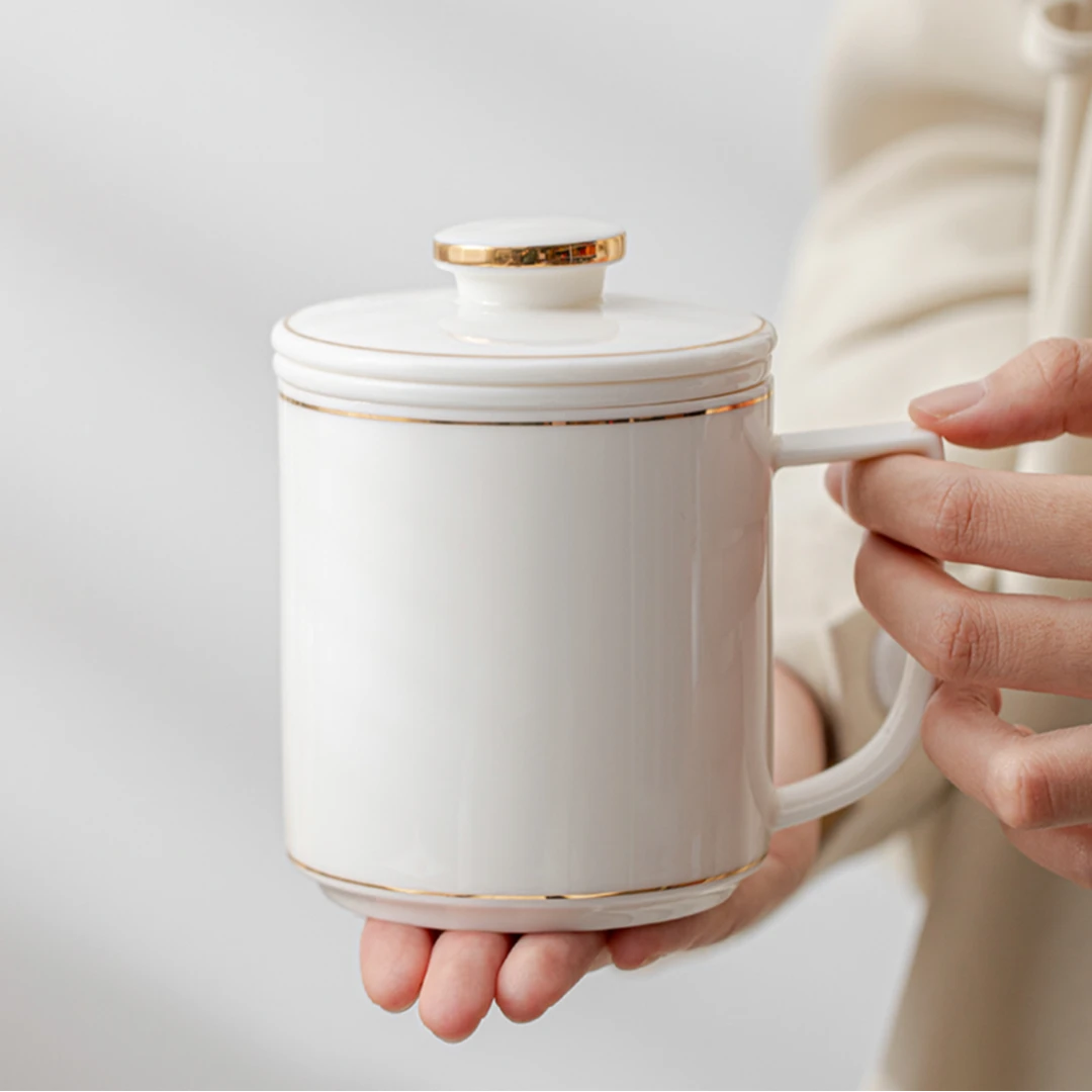 高档羊脂玉描金茶杯个人专用办公杯干净卫生茶水分离过滤马克杯