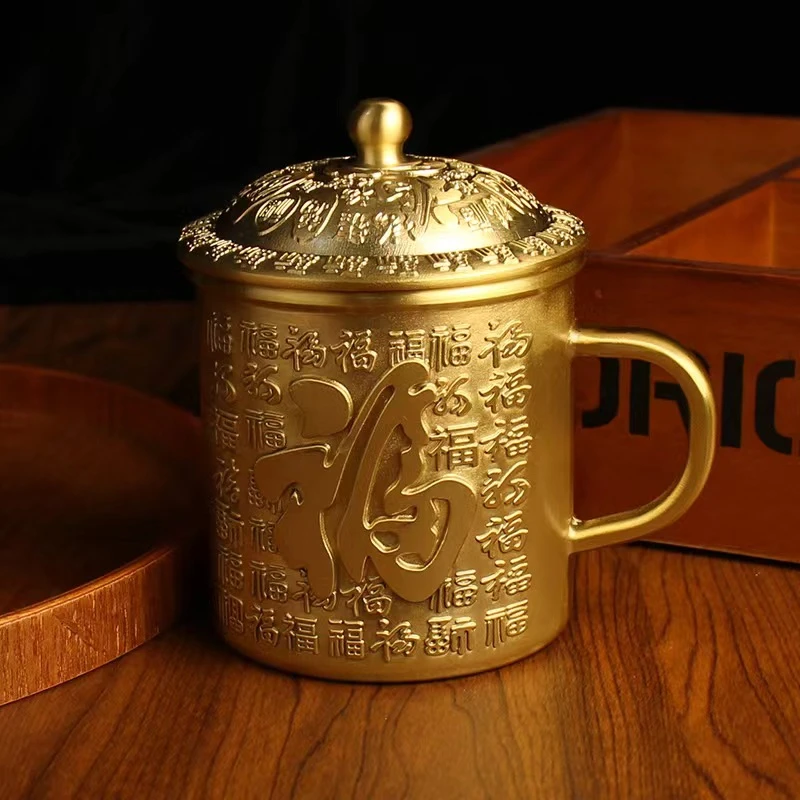 黄铜茶杯金色家用茶具鎏金带盖办公室家具喝茶复古杯子大容量