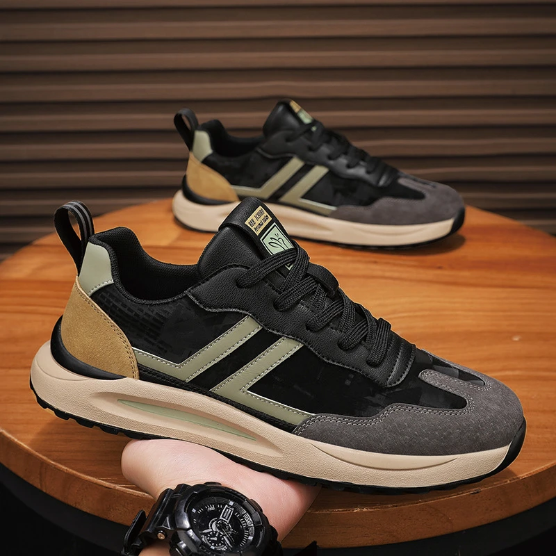 秋冬季休闲男鞋磨砂真皮运动潮流阿甘鞋复古拼色四季皮面厚底鞋子