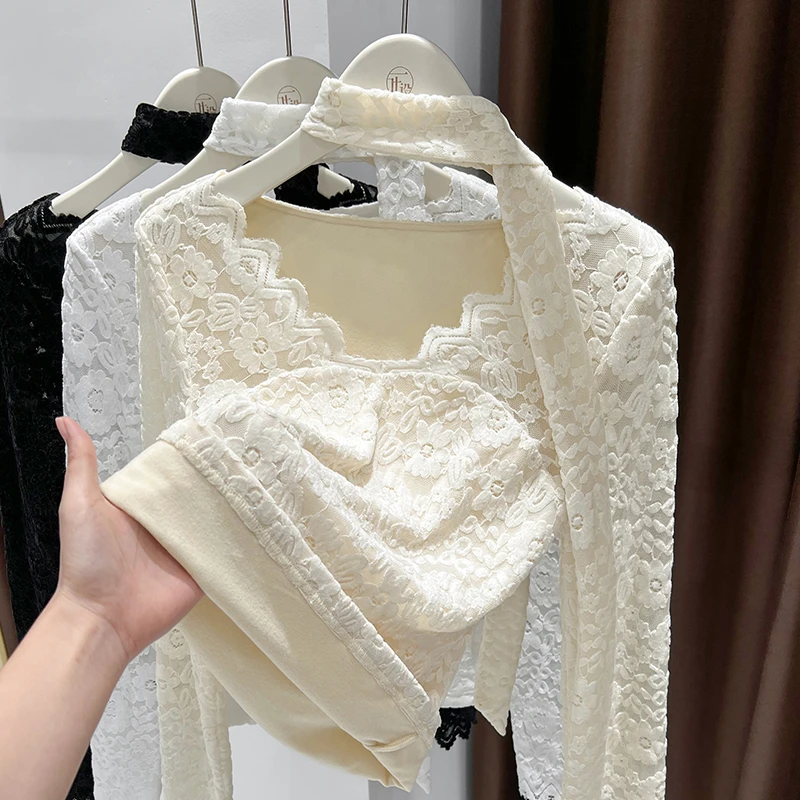 新款高级感挂脖V领修身蕾丝长袖女上衣秋冬纯色加绒可外穿打底衫