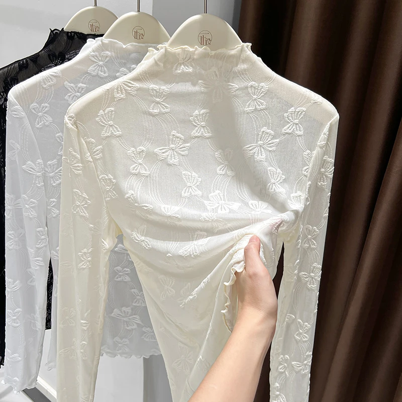 春秋季舒适半高领时尚百搭蕾丝打底纯色高级感提花网纱长袖上衣女