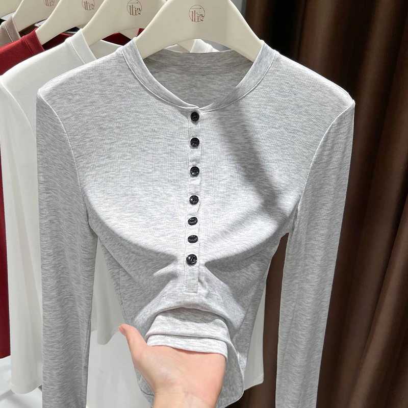 花灰气质小圆领休闲简约长袖早秋2024半排扣设计感显瘦单穿上衣女