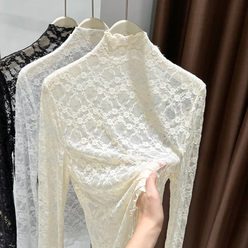 春秋季气质半高领软糯网纱叠穿打底衫女内搭蕾丝花纹长袖洋气小衫