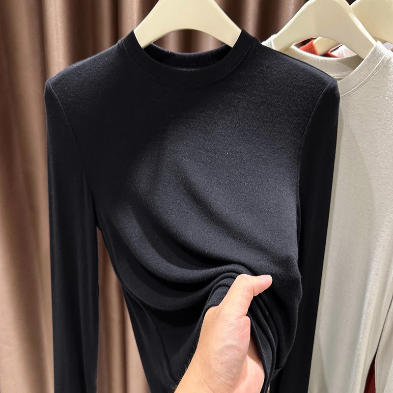 黑色长袖圆领打底衫内搭2025秋冬新款高级感纯色修身t恤百搭上衣