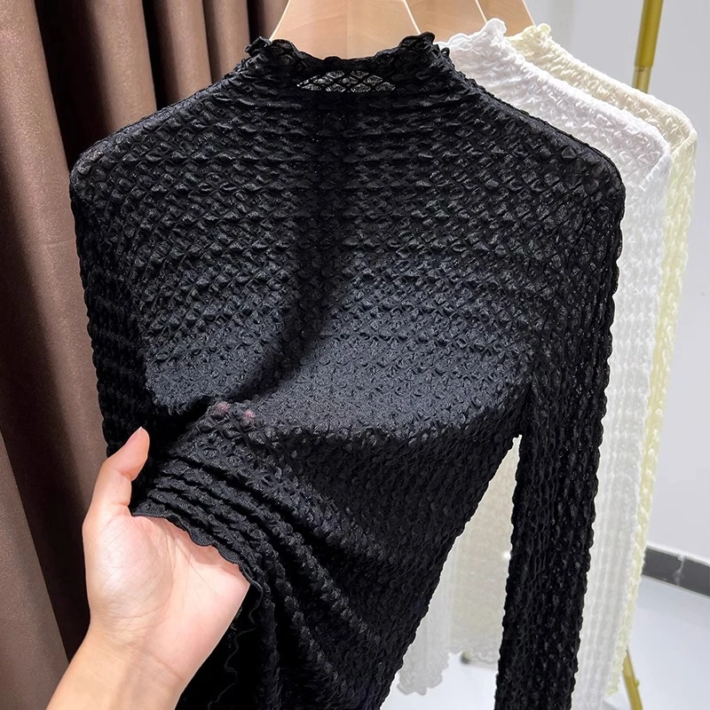 黑色蕾丝半高领打底衫女款爆款204新款内搭长袖网纱洋气修身上衣