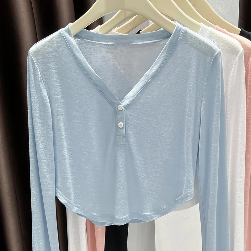 夏季薄款清凉透气打底衫防晒百搭高级感短款长袖T恤气质显瘦女装