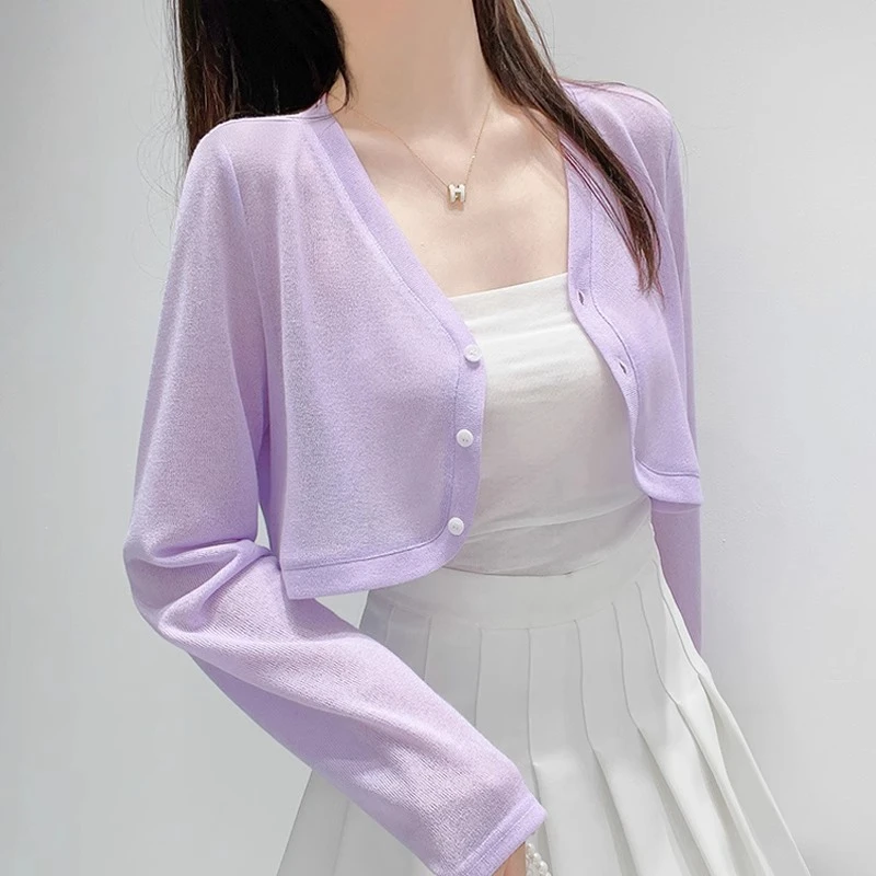 紫色短款针织开衫女夏季吊带裙外搭防晒罩衫薄款透气百搭长袖上衣