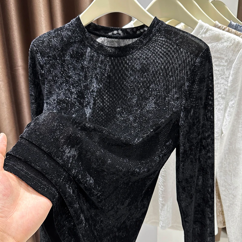 黑色蕾丝网纱打底衫内搭女2025春秋新款纯色修身圆领t恤显瘦上衣