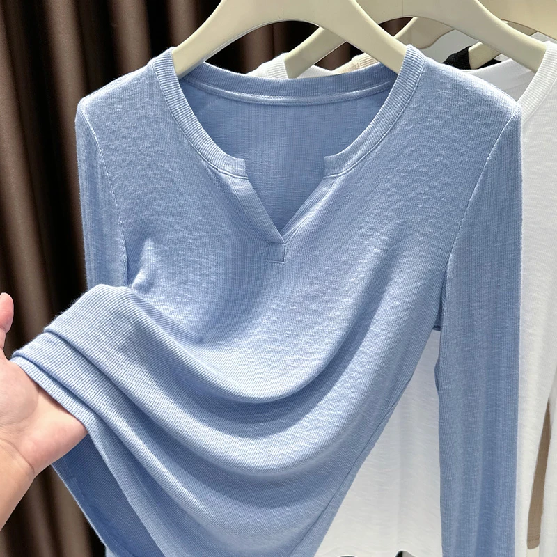 蓝色长袖v领t恤女2025春秋新款简约气质修身纯色打底衫内搭上衣潮