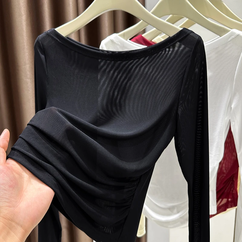 黑色长袖一字领网纱打底衫内搭春秋薄款纯色t恤设计感洋气上衣ins