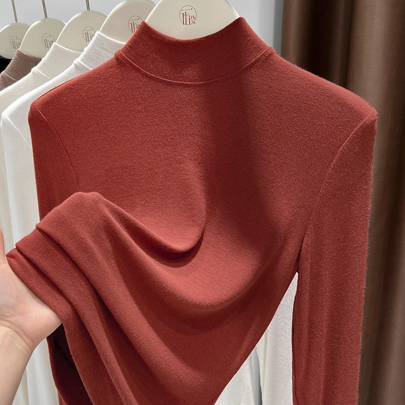 安可拉红长袖打底衫纯色针织上衣女秋季半高领基础款弹力舒适内搭