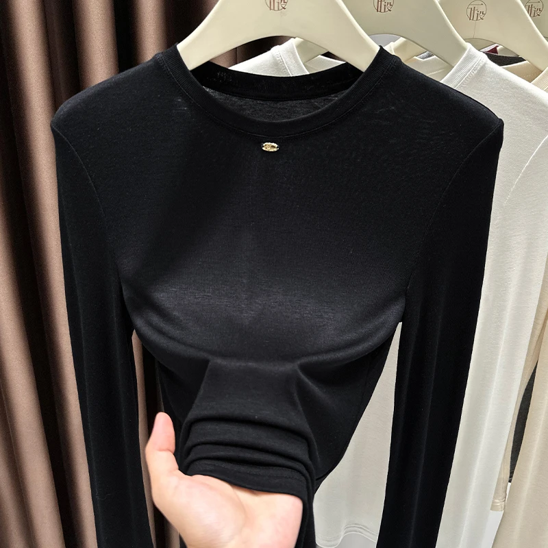 黑色修身百搭上衣软糯亲肤打底衫内搭女款气质上档次高级T恤秋冬