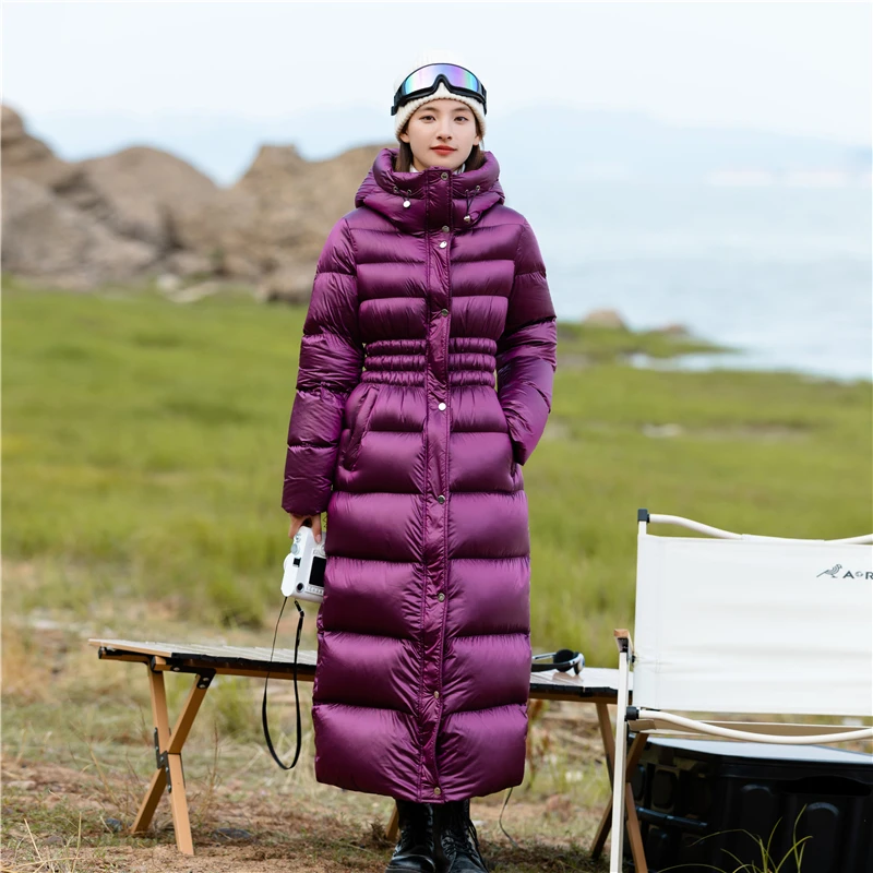 逐雅保暖连帽女士长款修身加厚收腰时尚户外秋冬羽绒服白鸭绒韩版