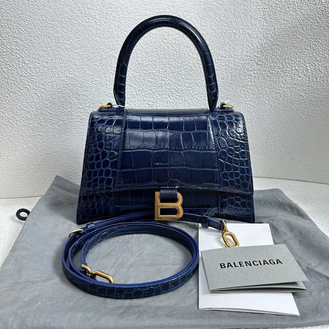 99新 Balenciaga/巴黎世家 【阿庞】j01238/金扣鳄压纹蓝色沙漏包/