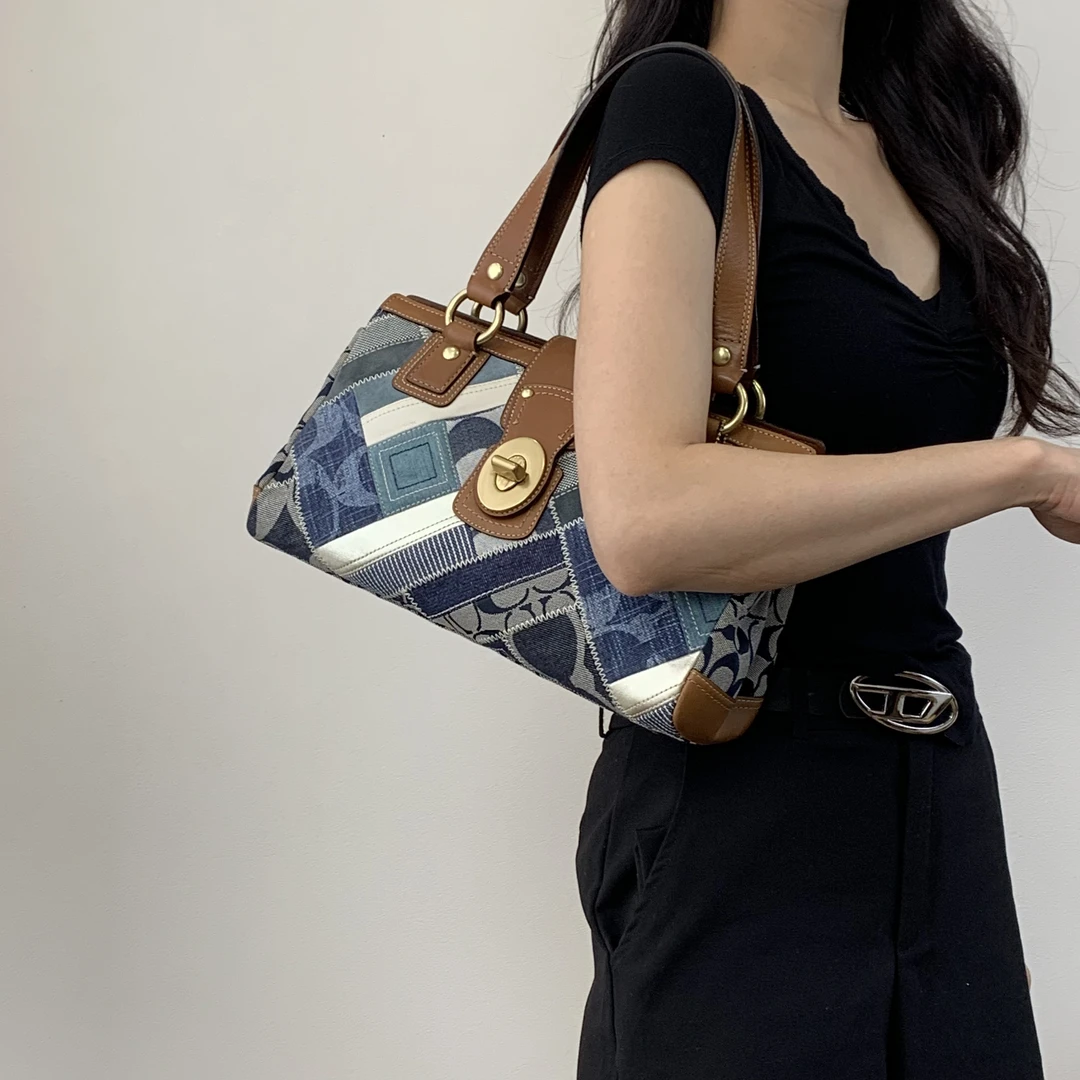 95新 COACH/蔻驰 coach丹宁牛仔布拼接金扣公文包托特包单肩包hd