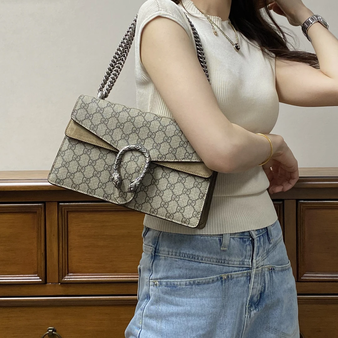 95新 GUCCI/古驰 Gucci酒神驼色中号斜挎包链条包hd