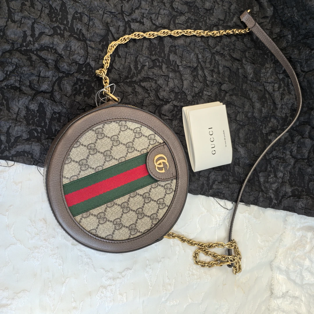 95新 GUCCI/古驰 老花op圆饼斜挎单肩包芝心