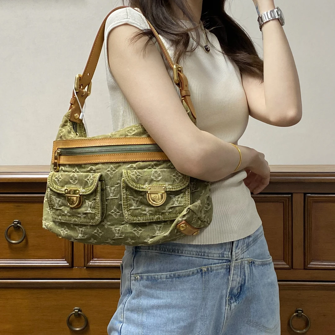 95新 LouisVuitton/路易威登 LV绿色单宁牛仔双兜包腋下包hd