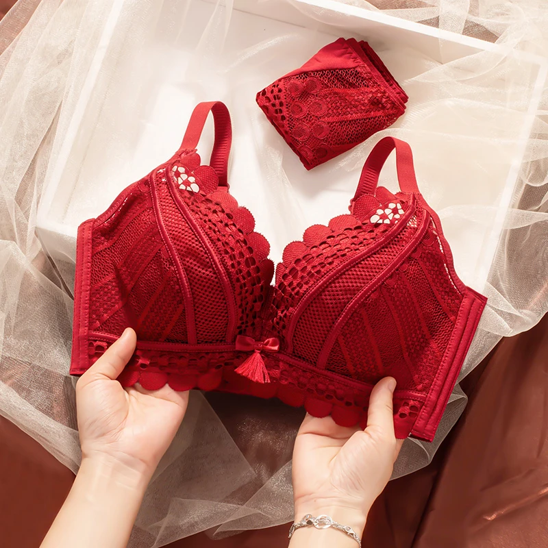 马年本命年套装红色内衣女小胸聚拢结婚新娘收副乳防下垂内裤文胸