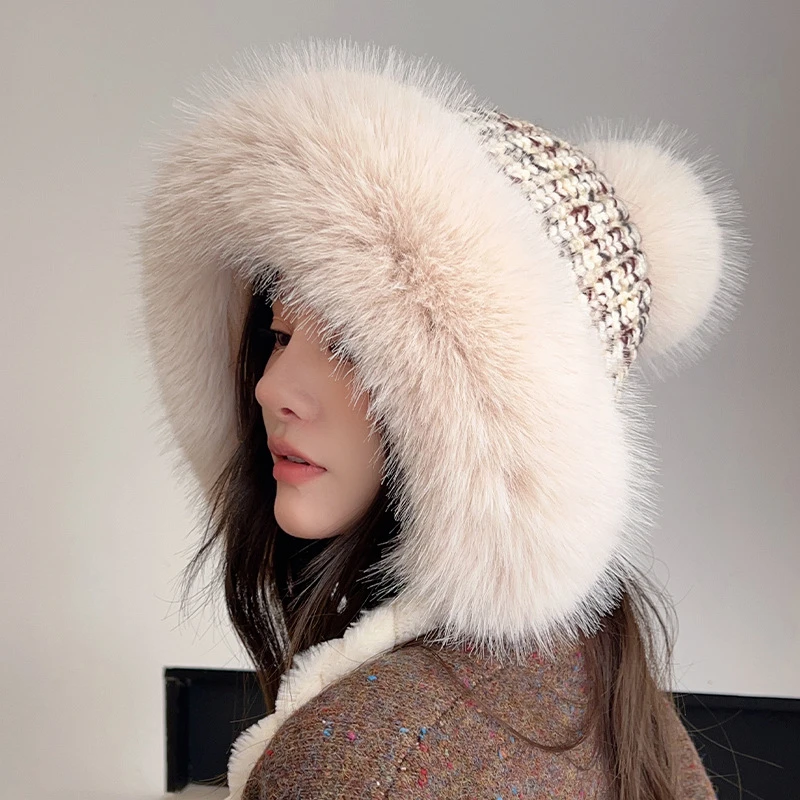 秋冬新款加绒加厚保暖御寒雷锋帽女韩版百搭毛球针织帽毛绒护耳帽