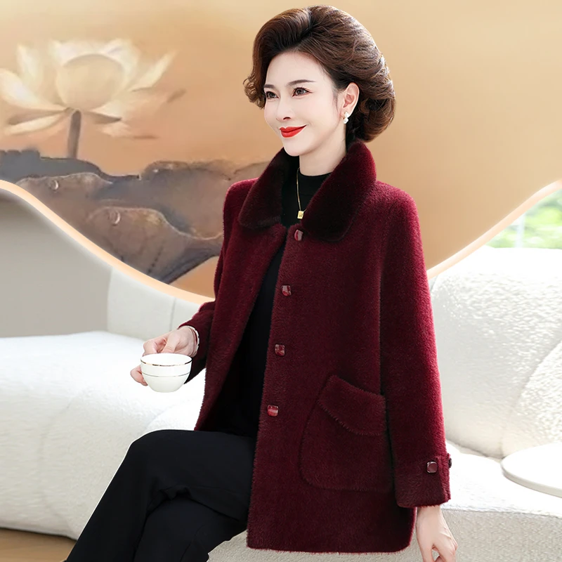 妈妈中长款翻领水貂绒外套百搭显瘦中老年女大码针织开衫纯色风衣