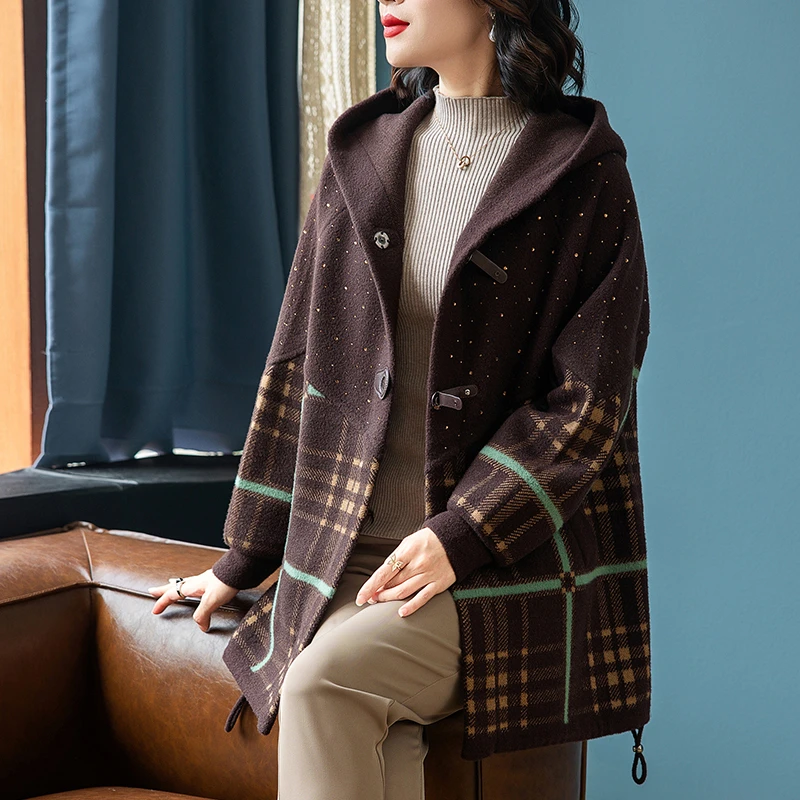 妈妈中长款毛呢大衣秋冬加厚连帽针织外套减龄中年女洋气毛衣开衫