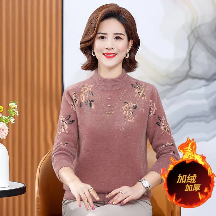 妈妈秋冬加绒加厚打底衫水貂绒毛衣中年女洋气针织奶奶老年人冬装