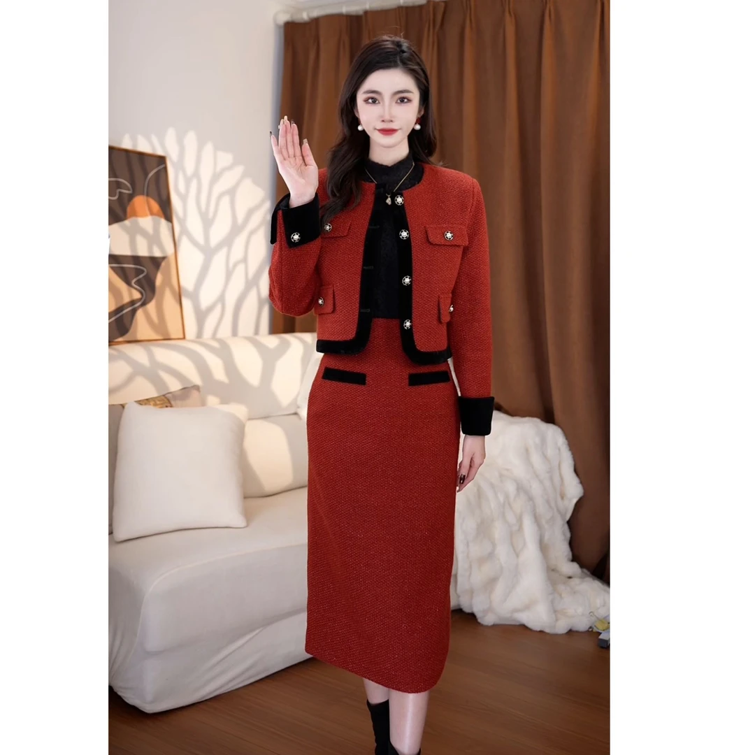 JIANG 加厚夹棉冬装小香风套装轻奢2024秋冬新款加厚呢子外套