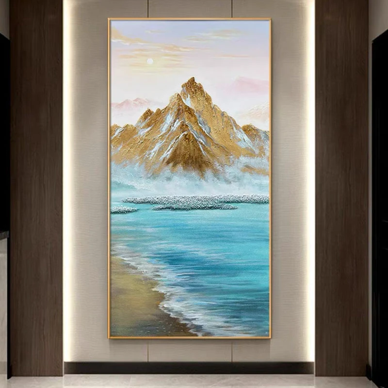 纯手绘抽象油画玄关轻奢现代日照金山入户走廊过道装饰画竖版大幅