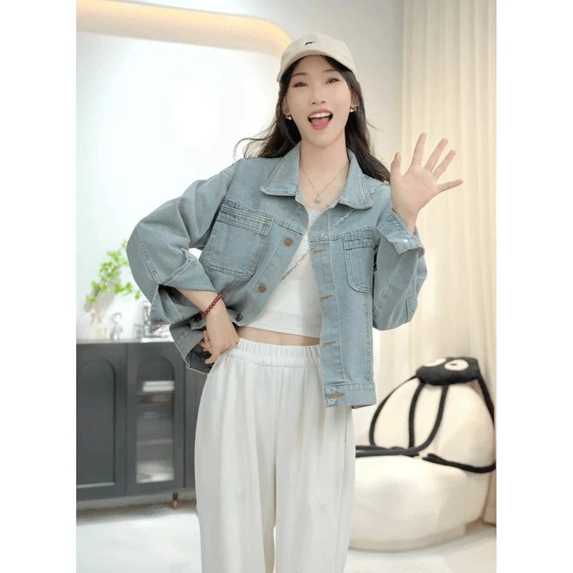 高级感法式浅蓝色牛仔外套女韩版ins潮别致帅气短款夹克工装上衣