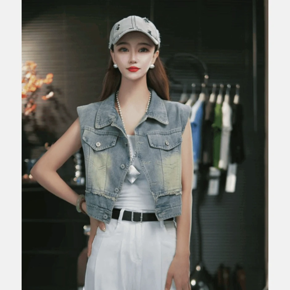 时尚毛边牛仔马甲外套女垫肩短款设计感显瘦百搭坎肩无袖上衣马夹