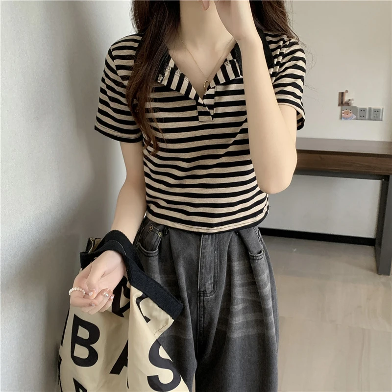 黑杏色条纹polo衫正肩短袖t恤女韩版时尚百搭小个子修身短款上衣