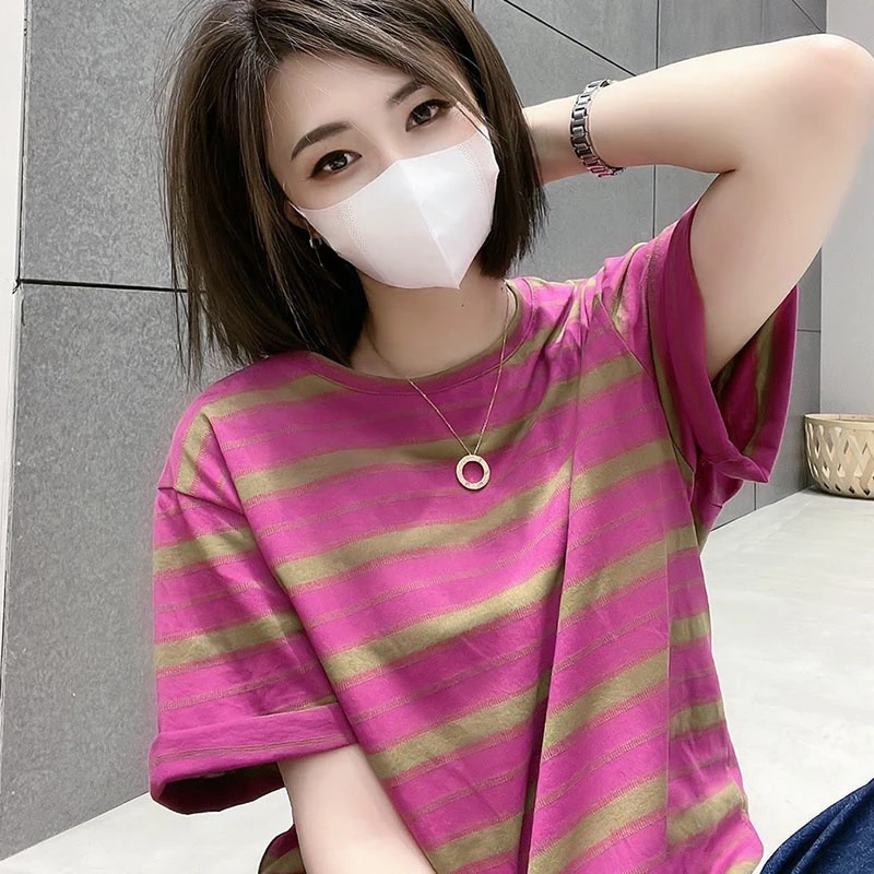 粉色条纹短袖t恤女夏季新款欧货时尚宽松洋气百搭圆领上衣中长款